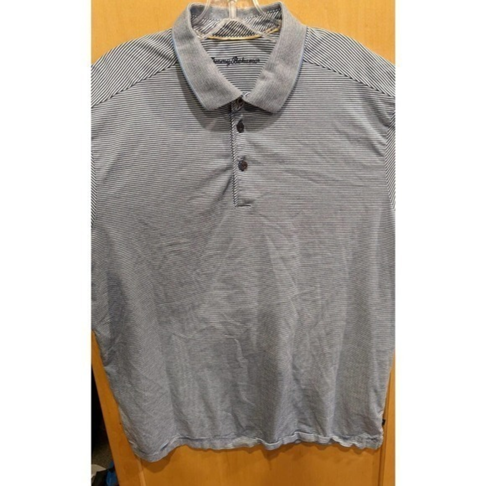 Tommy Bahama Polo Shirt Mens Large Blue‎ Striped Marlin Casual Short Sleeve *